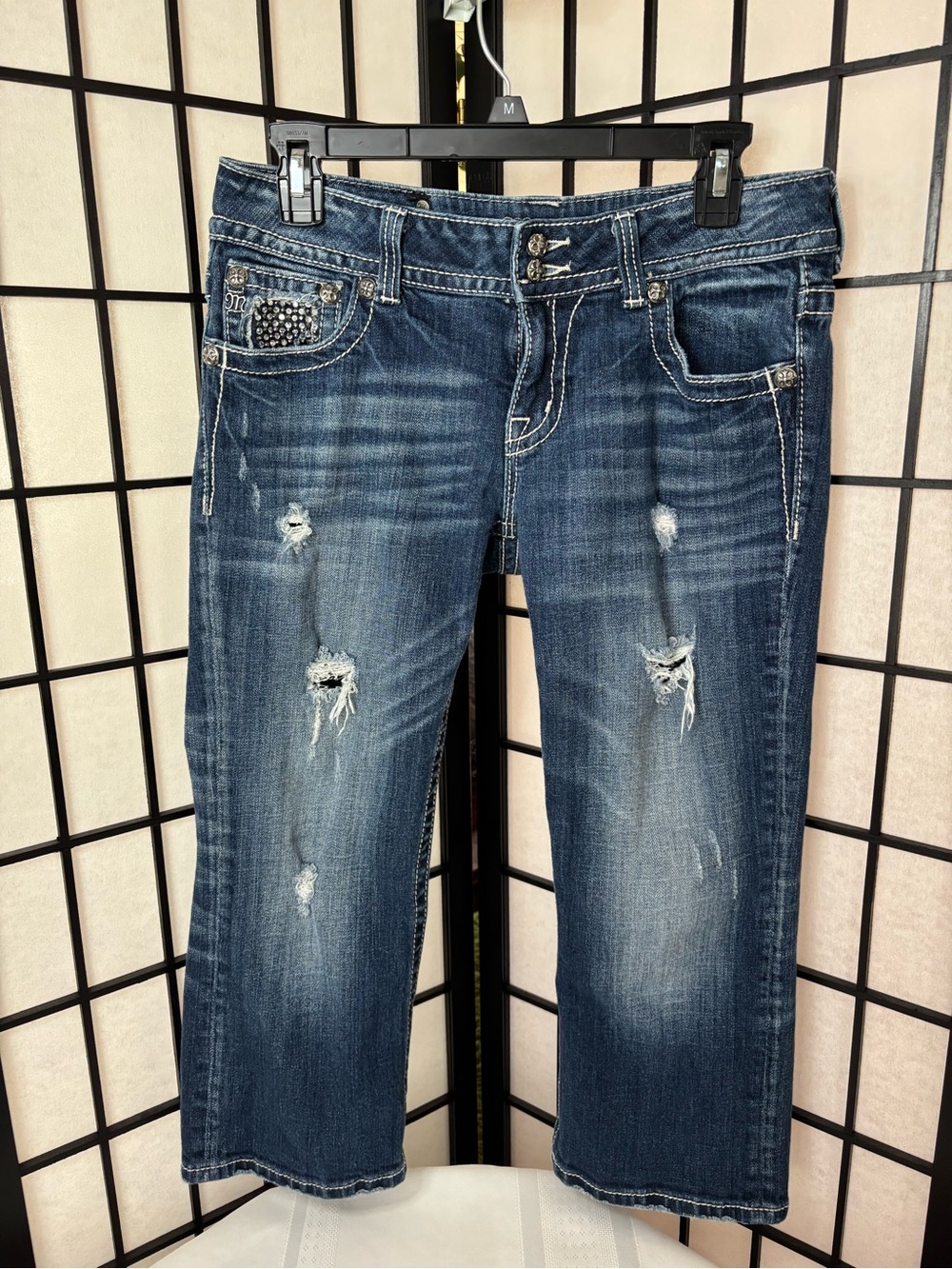 Miss Me Dark Blue Distressed Cropped Jeans - Size 30
